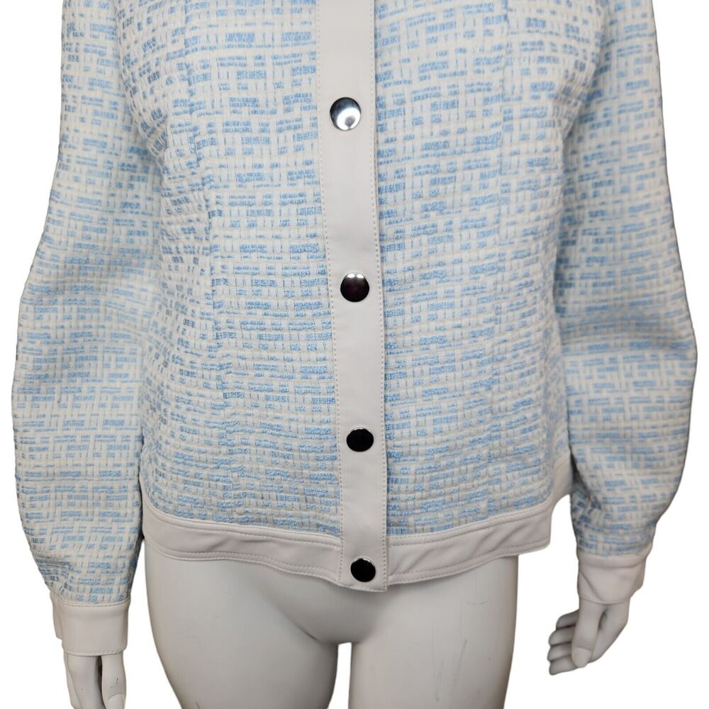 Dennis Basso Mixed Media Faux Leather and Tweed Jacket Light Blue Size 2‎ - Picture 3 of 16